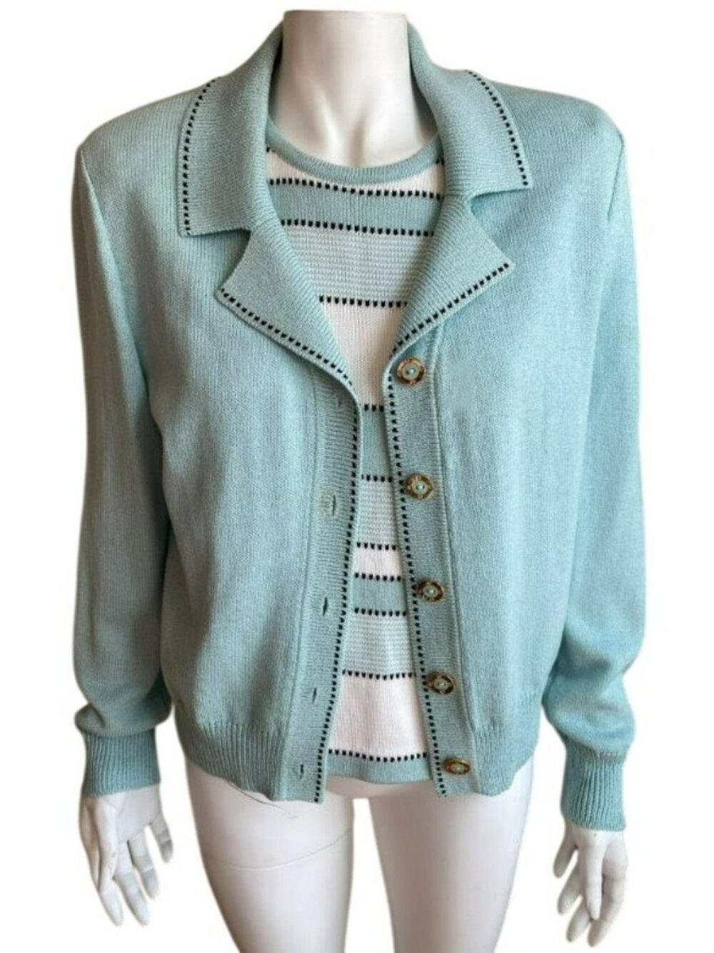 St John Sport Cardigan Knit Sweater Set Aqua Mint Celadon Green Sze Large Medium - Picture 1 of 15
